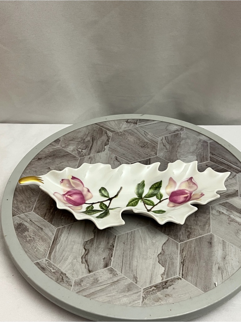 Vintage Weimar Germany Porcelain Leaf Dish Pink Roses Gold Trim 9”
